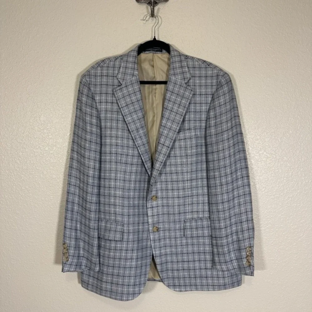 VTG Polo Ralph Lauren‎ Blazer Blue Checkered Sport Coat Size 44R Flax Casual